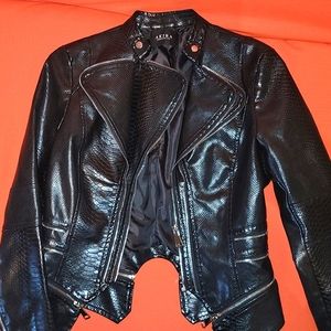 AKIRA Black Snake-Embossed Faux Leather Moto Jacket